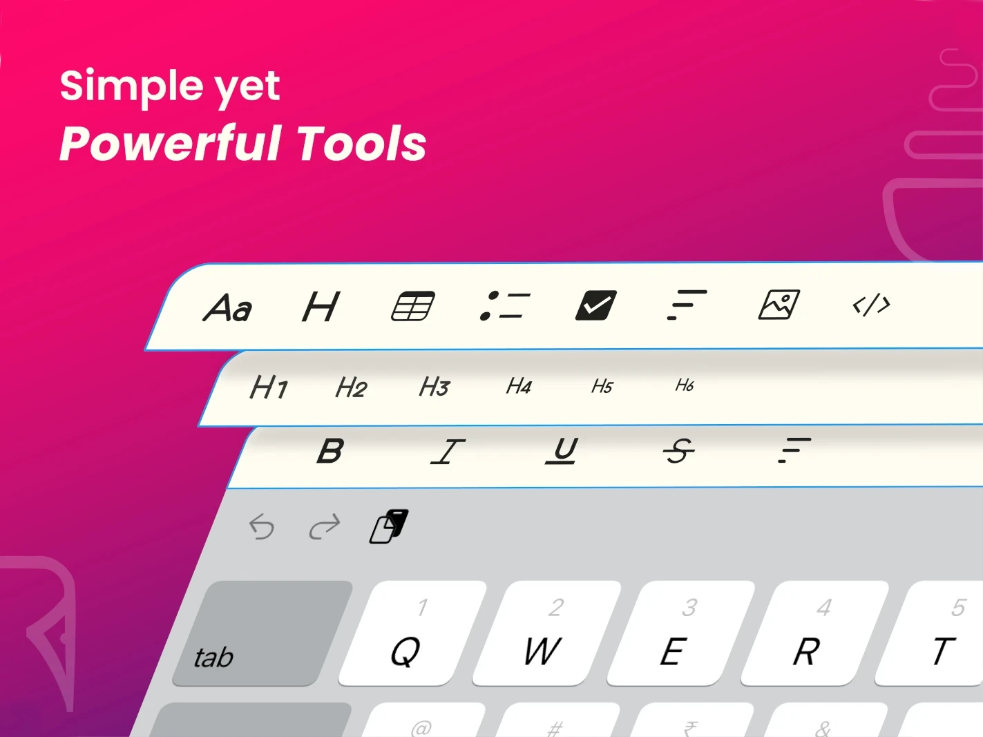 A stylized keyboard with formatting options such as text size, headers, checklists, and code snippets, representing simple yet powerful tools.