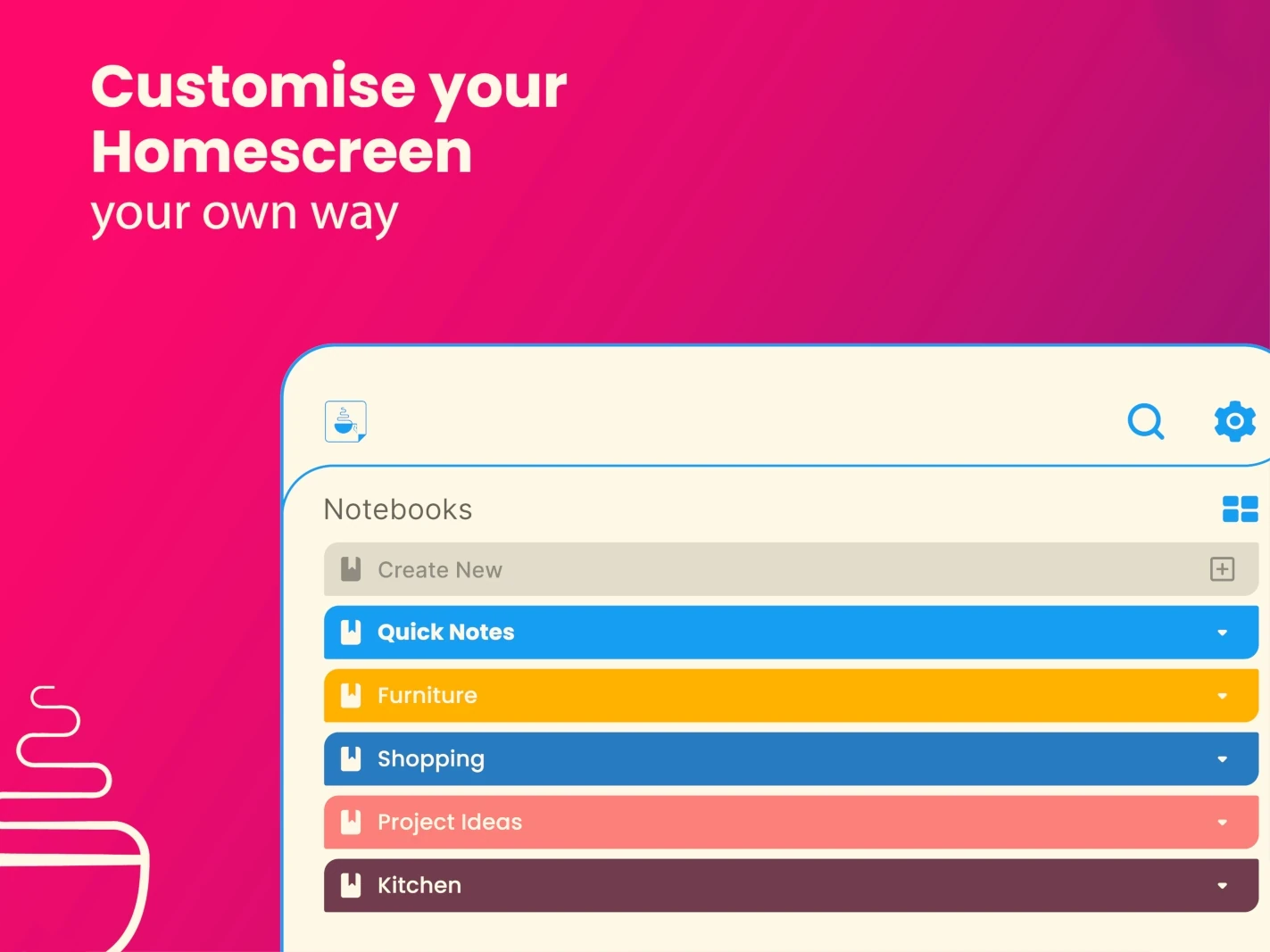 Illustration showing a customizable notes app with color-coded categories like 'Quick Notes'.