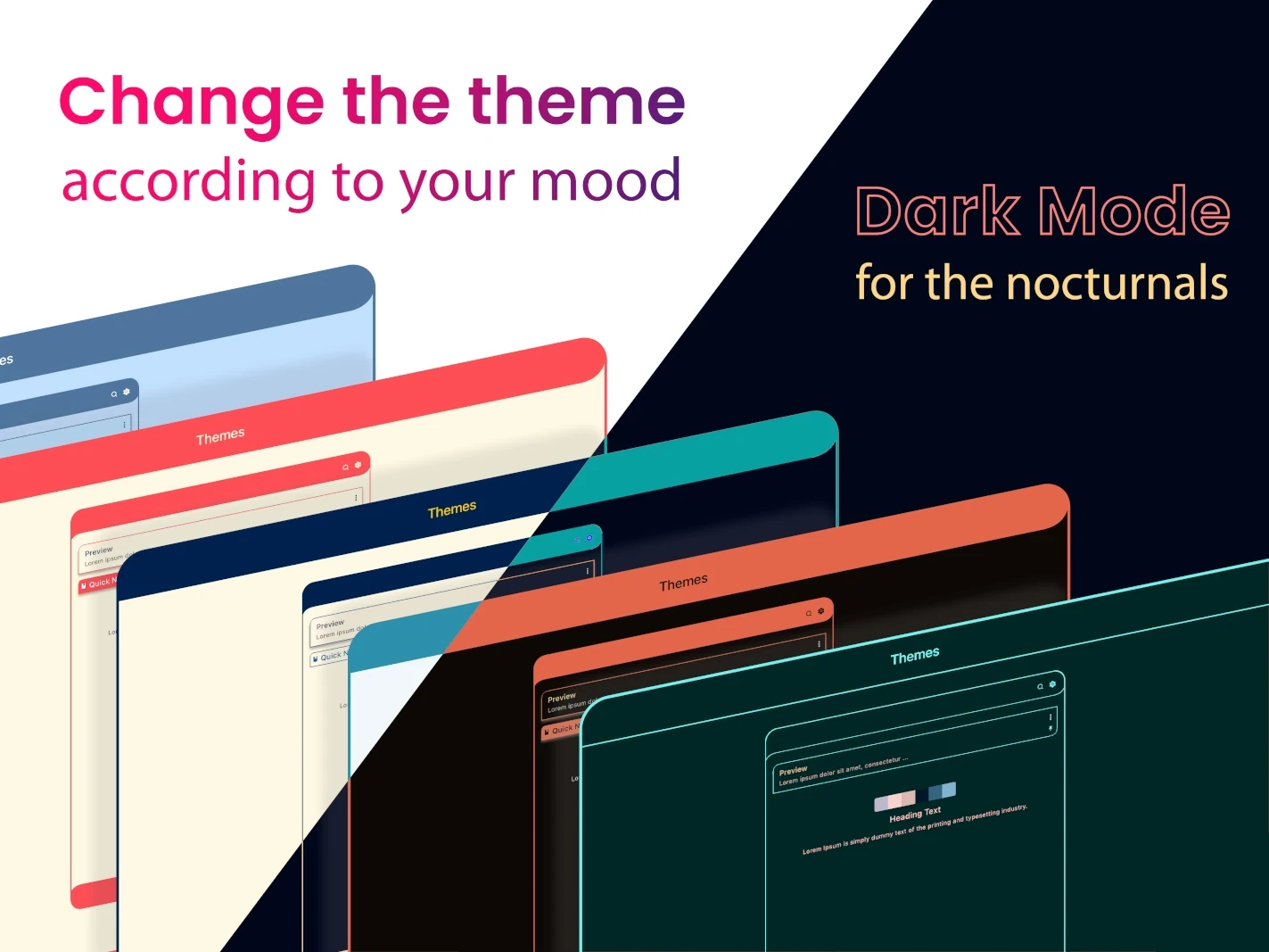 Illustration of different app themes in various colors, including light and dark modes.