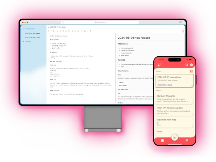 A computer screen and a smartphone show the same notes, demonstrating the cross-platform sync feature of the BrewMemo app.